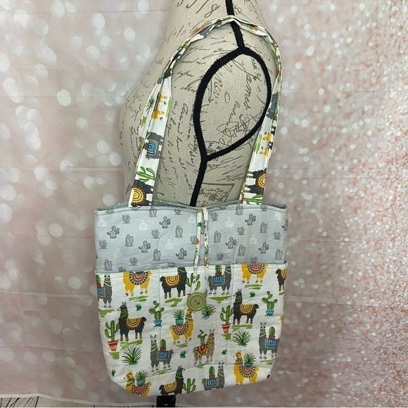 Handmade One Of A Kind Cotton Llama Print Tote Bag - Picture 2 of 15